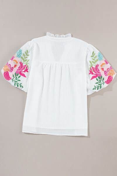 Floral Embroidered Puff Sleeve Notched Blouse