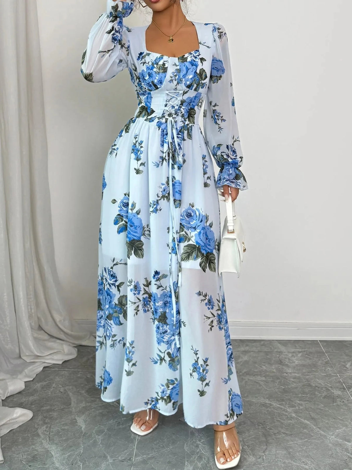 Floral Flounce Sleeve Maxi Dress Light Blue / S