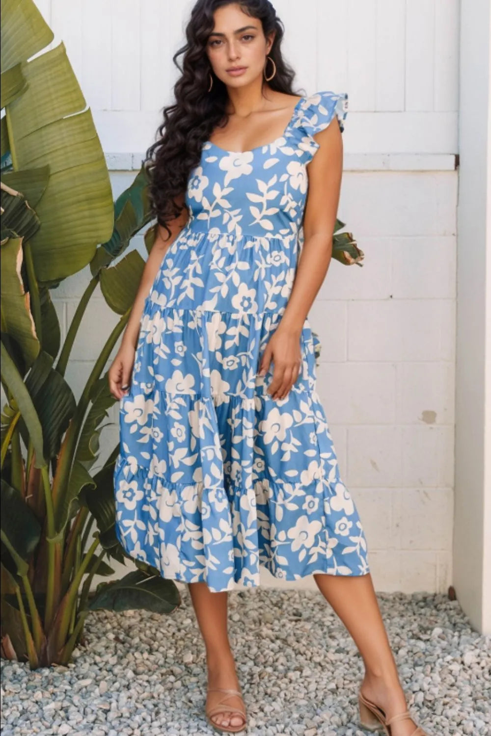 Floral Flutter Shoulder Tiered Flowy Midi Dress Dusty Blue / S