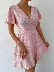 Floral Flutter Sleeve Wrap Mini Dress