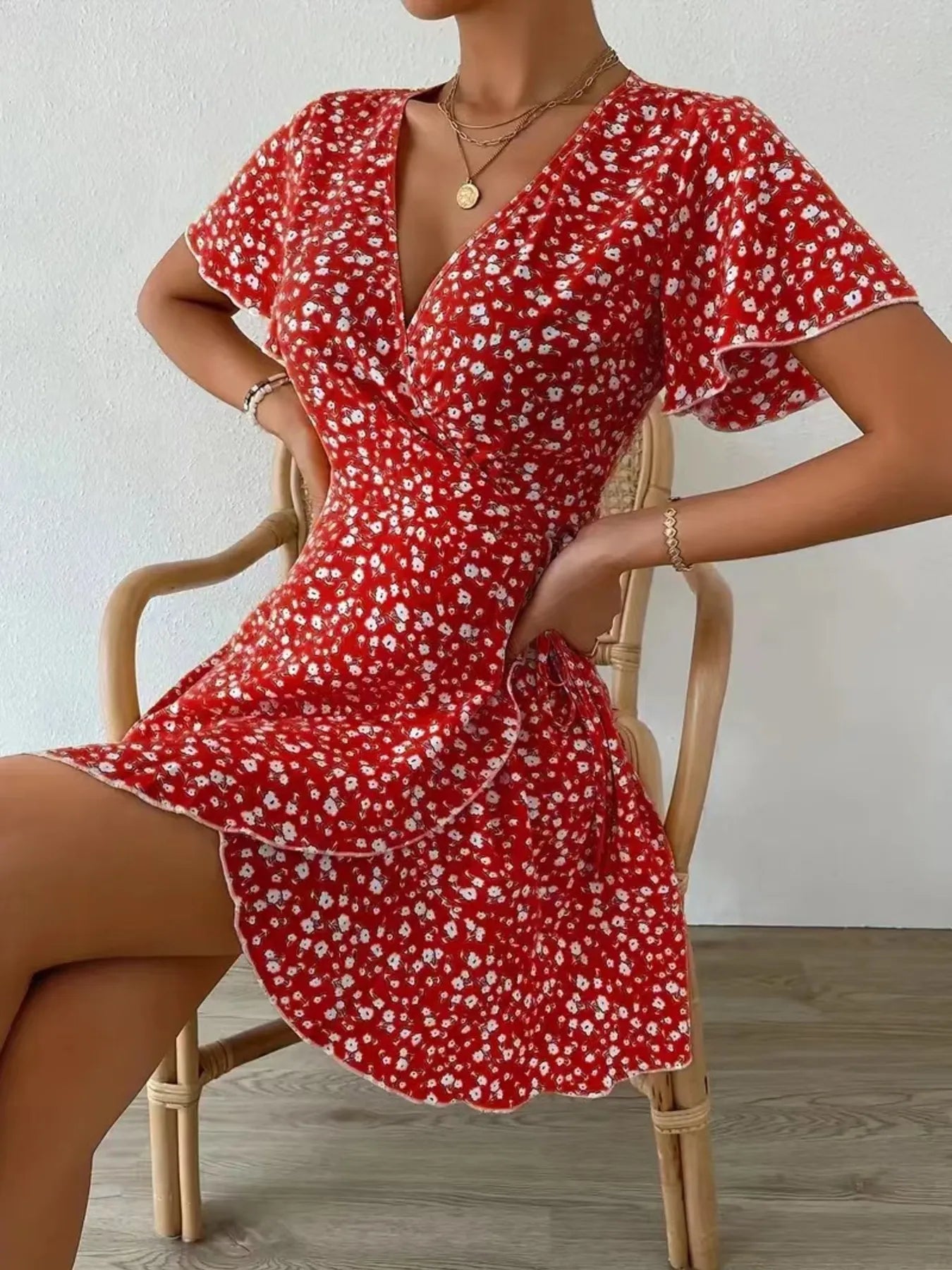 Floral Flutter Sleeve Wrap Mini Dress Burgundy / S