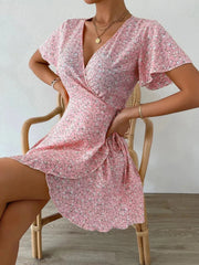 Floral Flutter Sleeve Wrap Mini Dress Pink / S