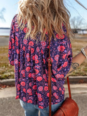 Floral Half Sleeve Split Neck Blouse Top