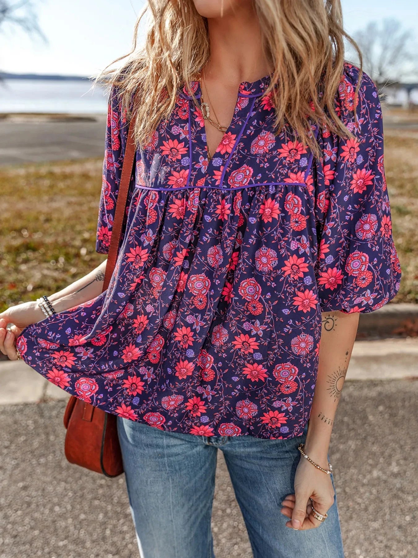 Floral Half Sleeve Split Neck Blouse Top