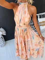 Floral Halter Neck Backless Summer Dress Coral Color / S