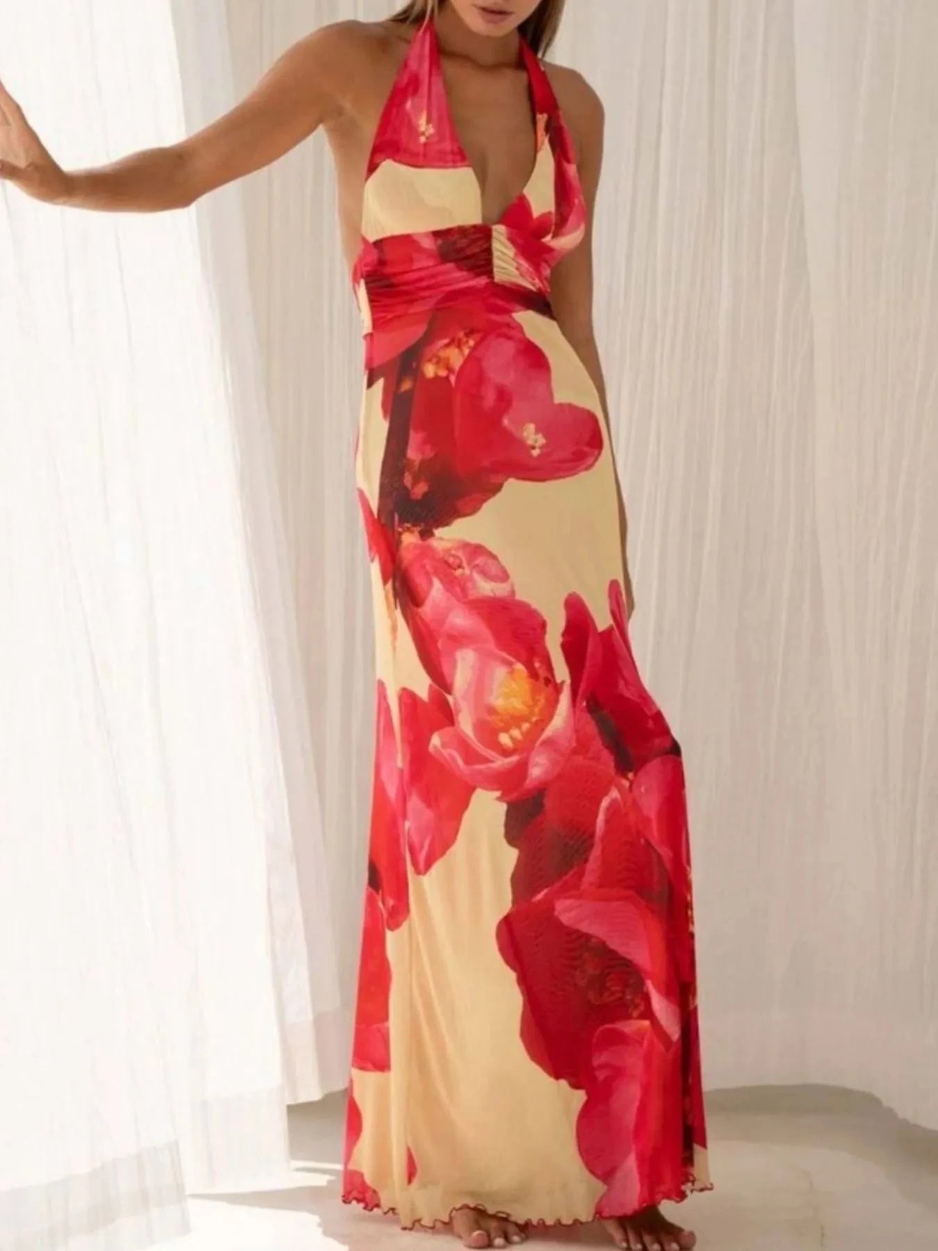 Floral Halter Neck Deep V Maxi Dress