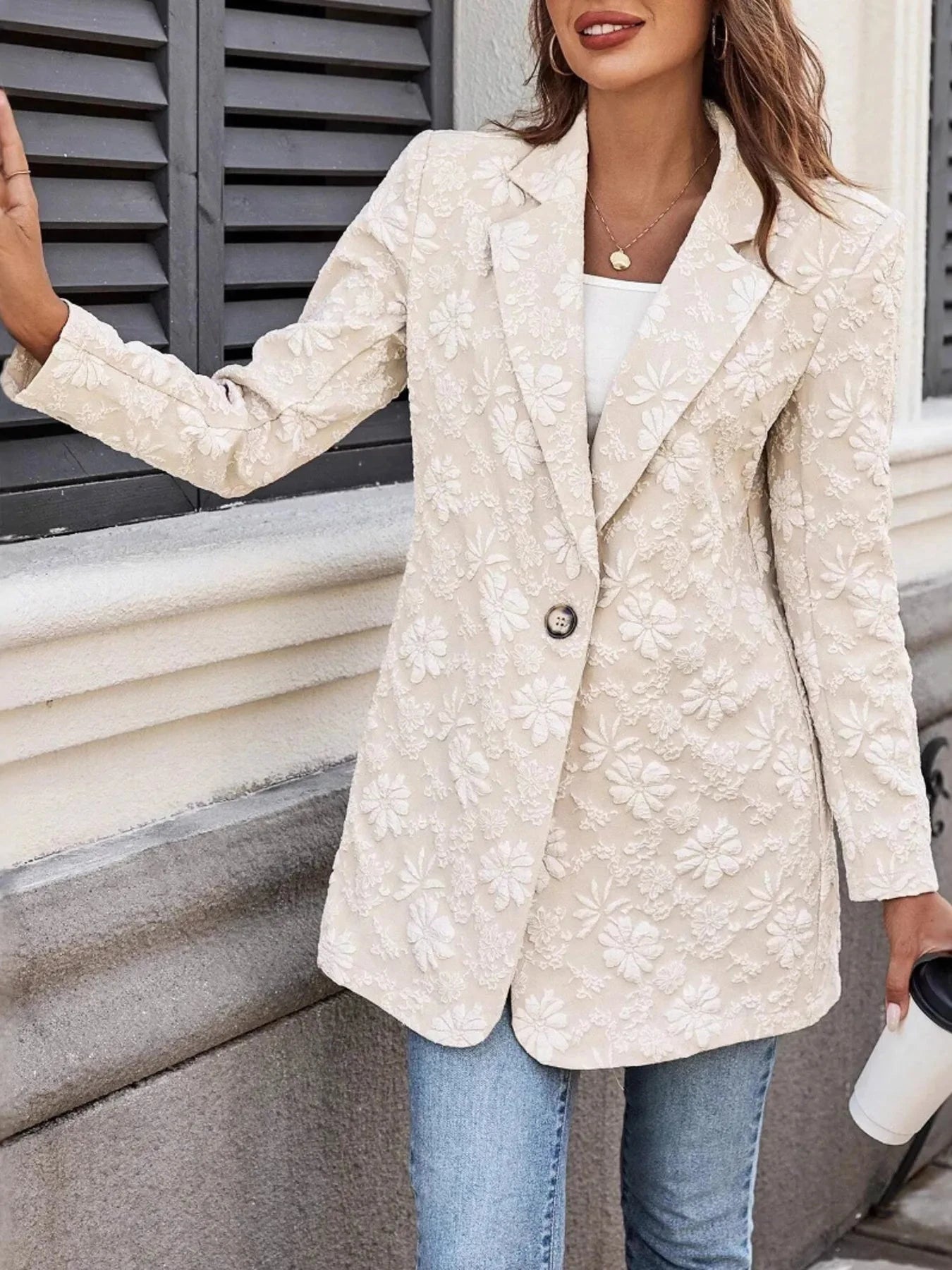 Floral Jacquard One Button Long Sleeve Blazer