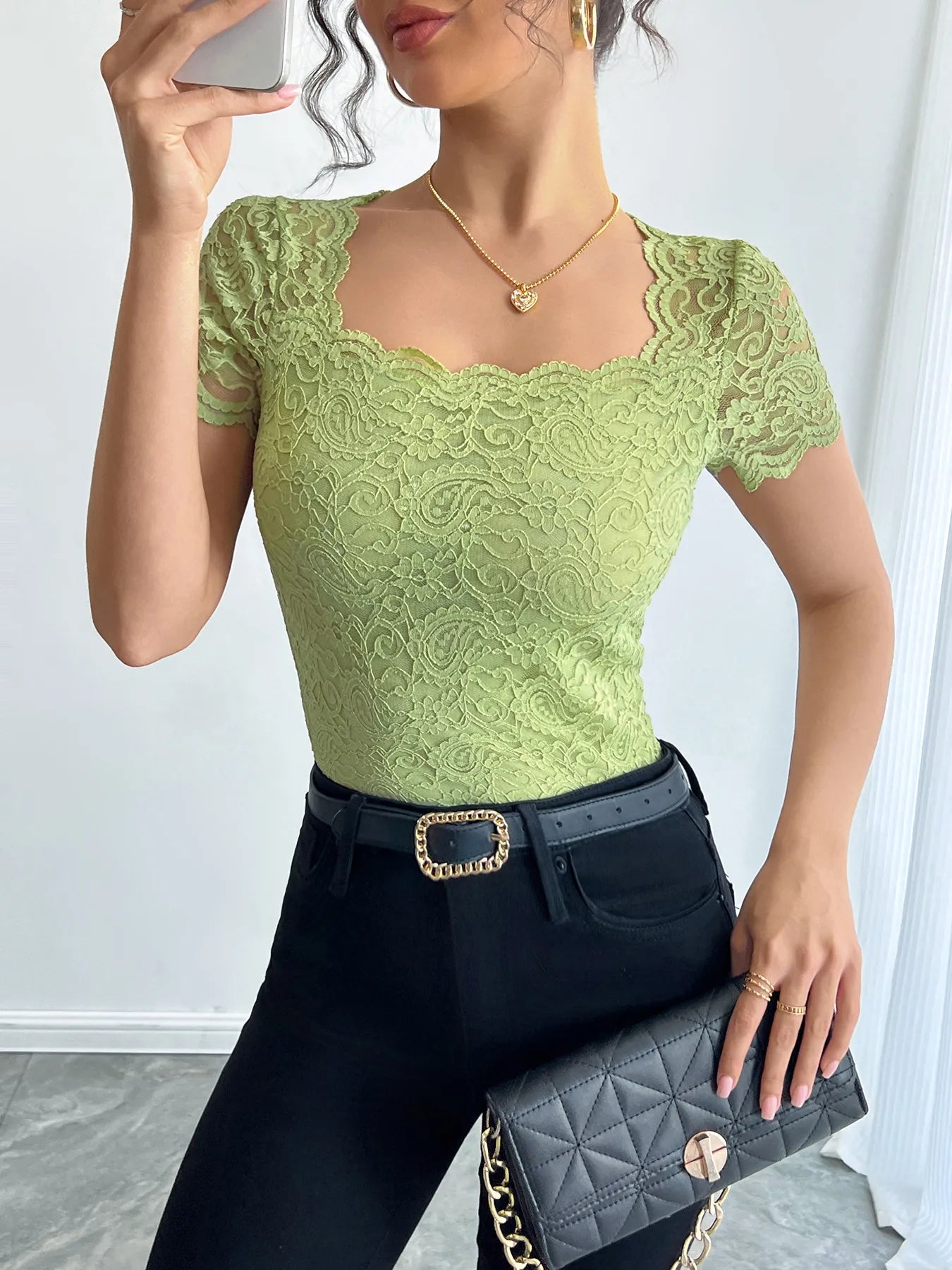 Floral Lace Square Neck T-Shirt