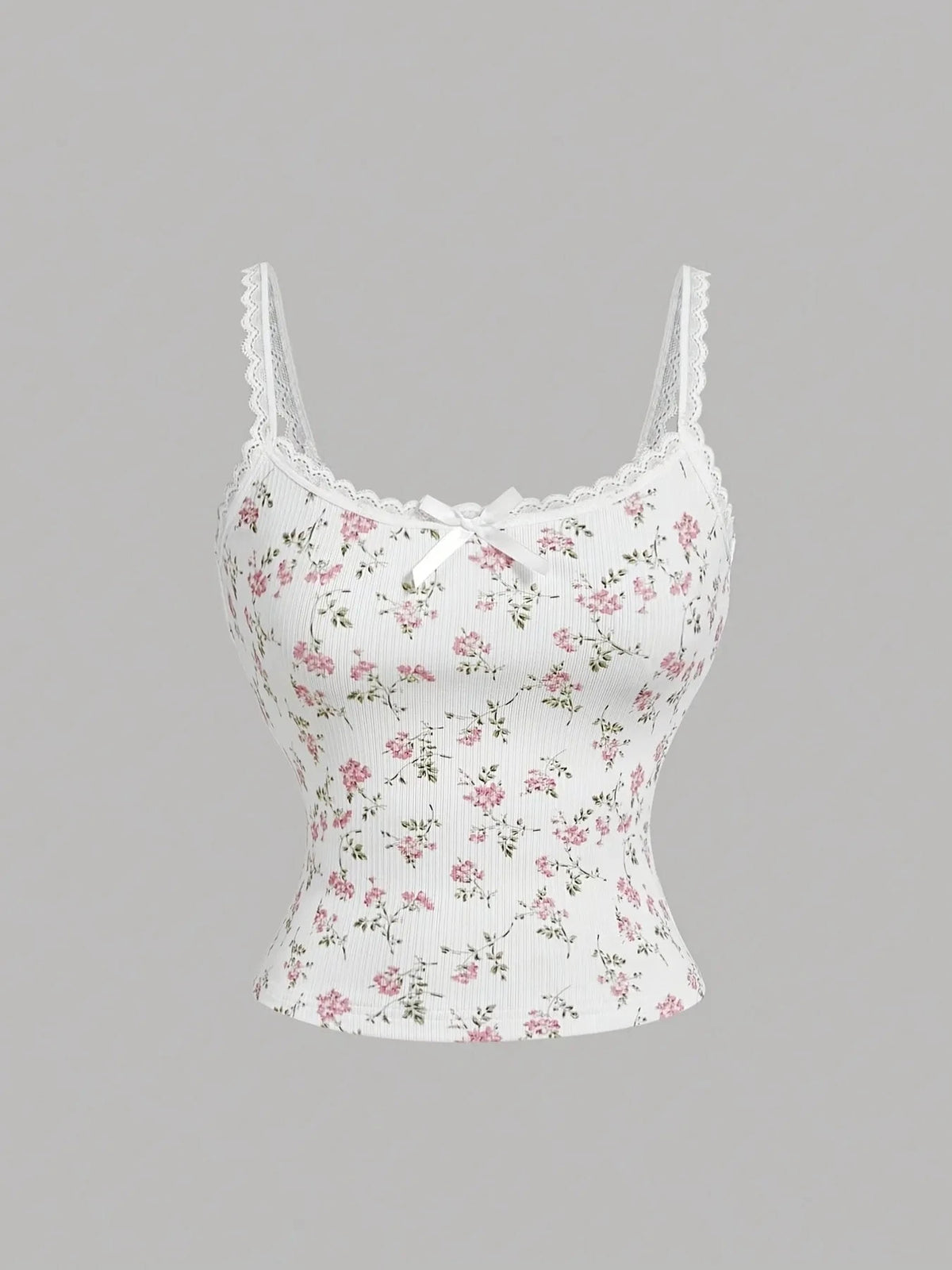 Floral Lace Trim Cami White Print / XS