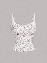 Floral Lace Trim Cami White Print / XS
