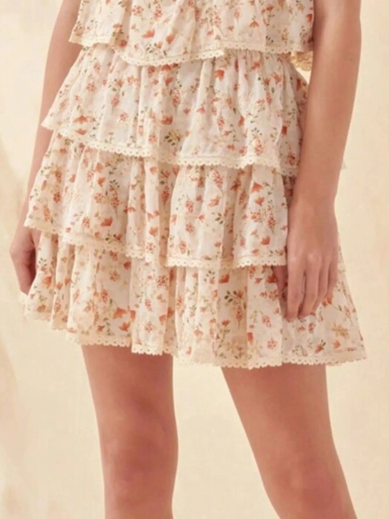 Floral Layered Ruffle Mini Skirt Apricot / XS