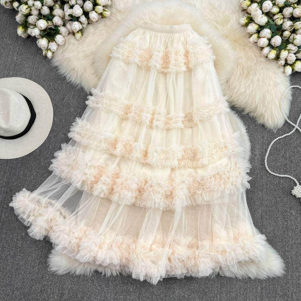 Floral Layered Ruffled Tulle Skirt MAX SIZE / Ivory