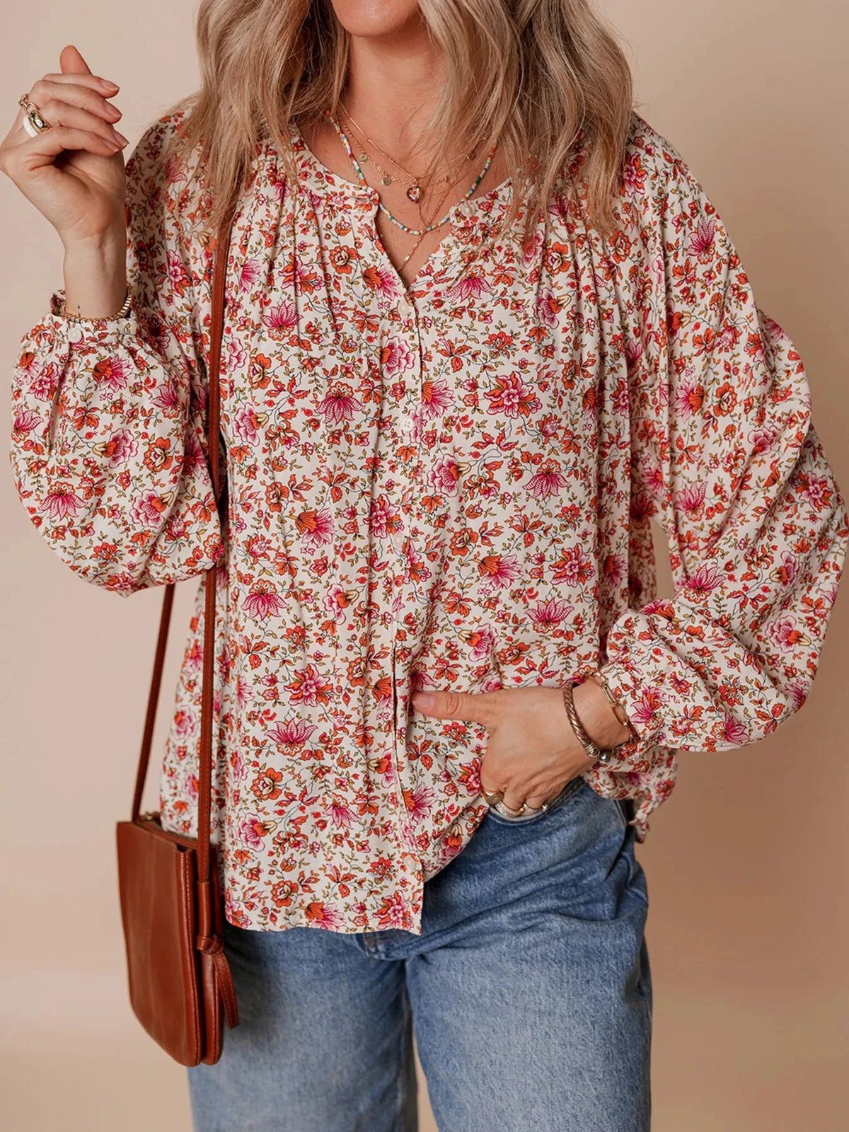 Floral Long Sleeve Button Down Blouse Red / S