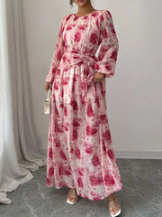 Floral Long Sleeve Maxi Dress with Drawstring Detail