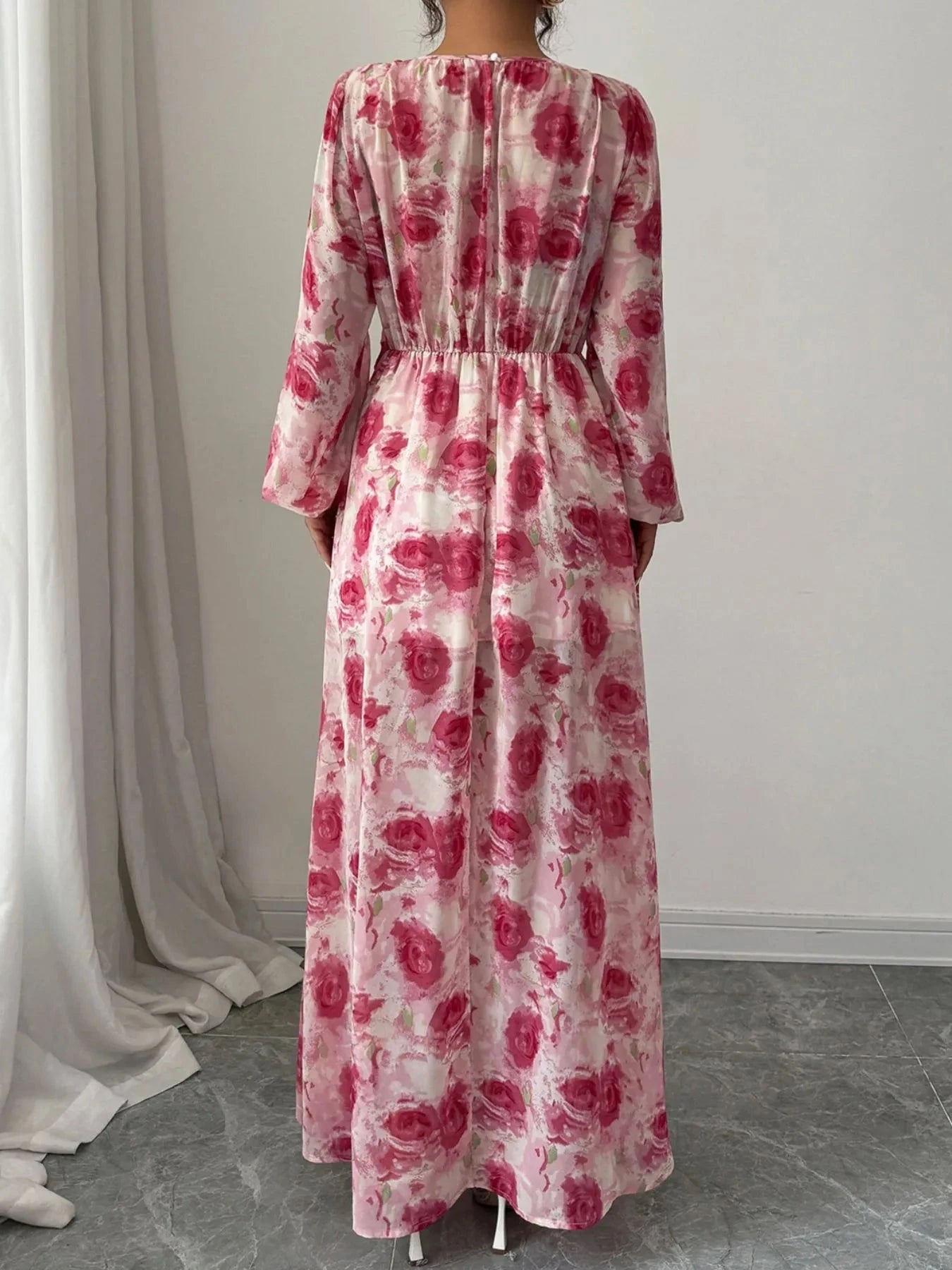 Floral Long Sleeve Maxi Dress with Drawstring Detail