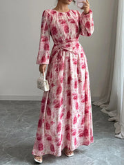 Floral Long Sleeve Maxi Dress with Drawstring Detail Pink / S
