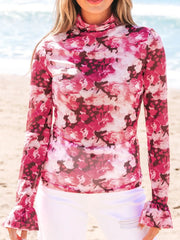 Floral Mesh Flounce Sleeve Mock Neck Blouse Strawberry / S