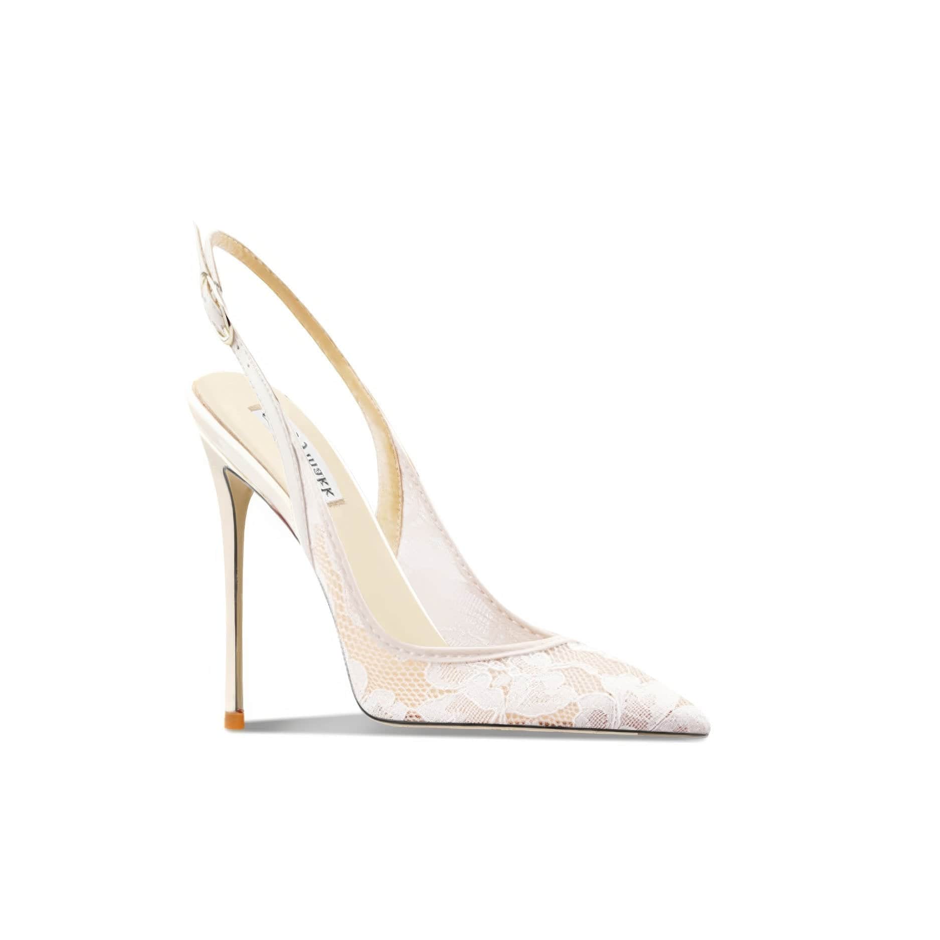 Floral Mesh Pointy Toes Slingback Heels EU 33 / White / 6CM