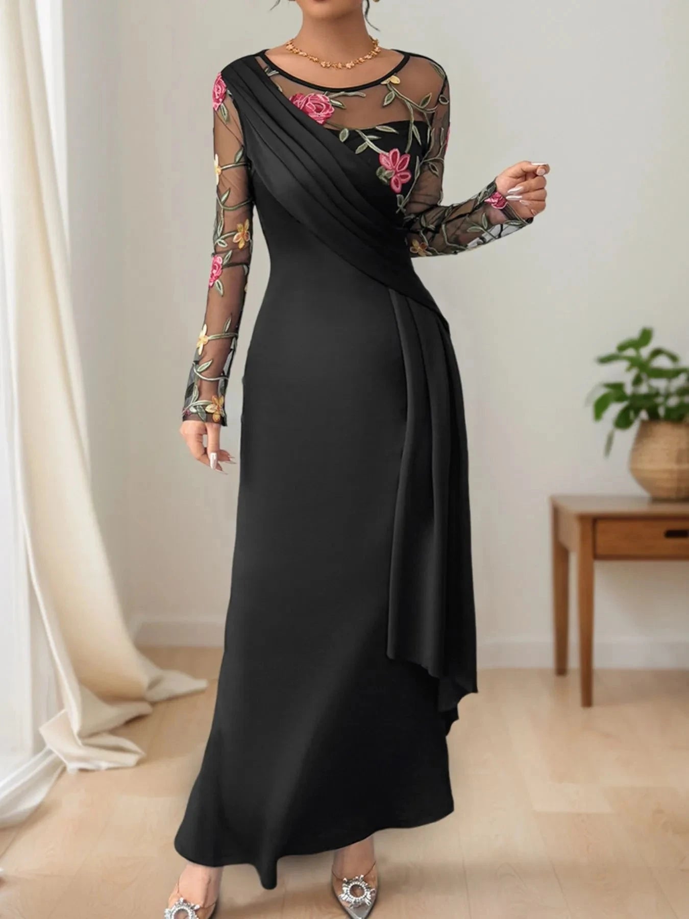 Floral Mesh Sleeve Ruched Maxi Dress