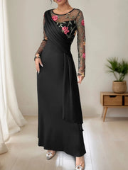 Floral Mesh Sleeve Ruched Maxi Dress Black / S