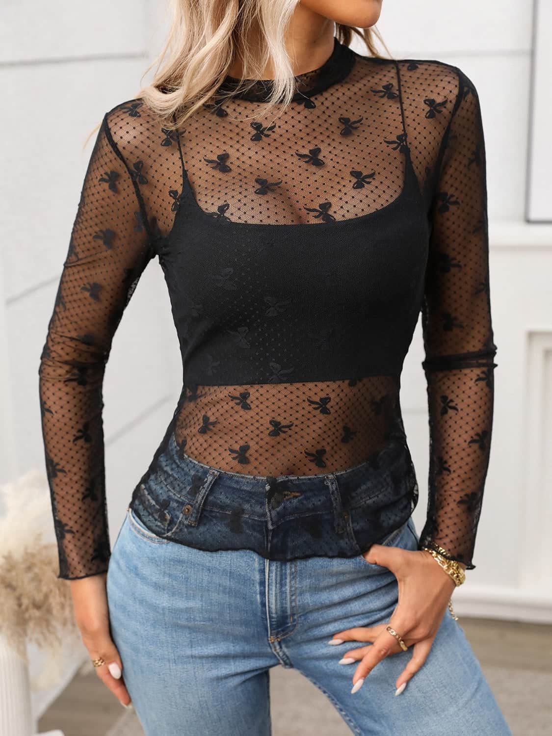 Floral Mock Neck Long Sleeve Mesh Top Black Bow / M
