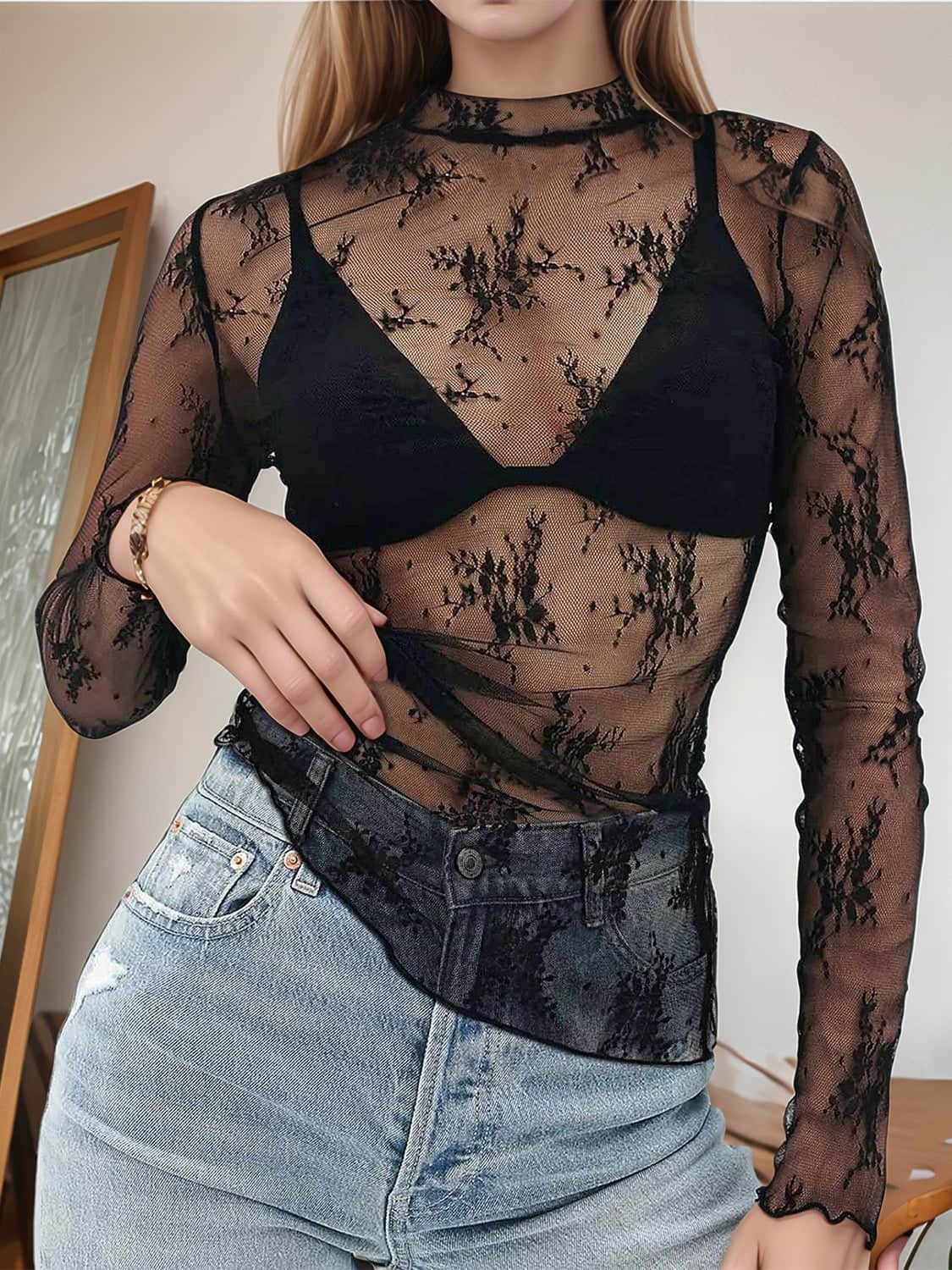 Floral Mock Neck Long Sleeve Mesh Top Black / S