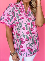 Floral Notched Short Sleeve Blouse