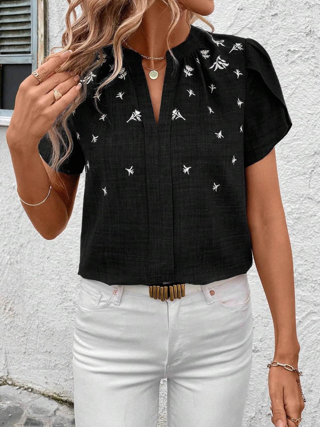 Floral Notched Short Sleeve Blouse