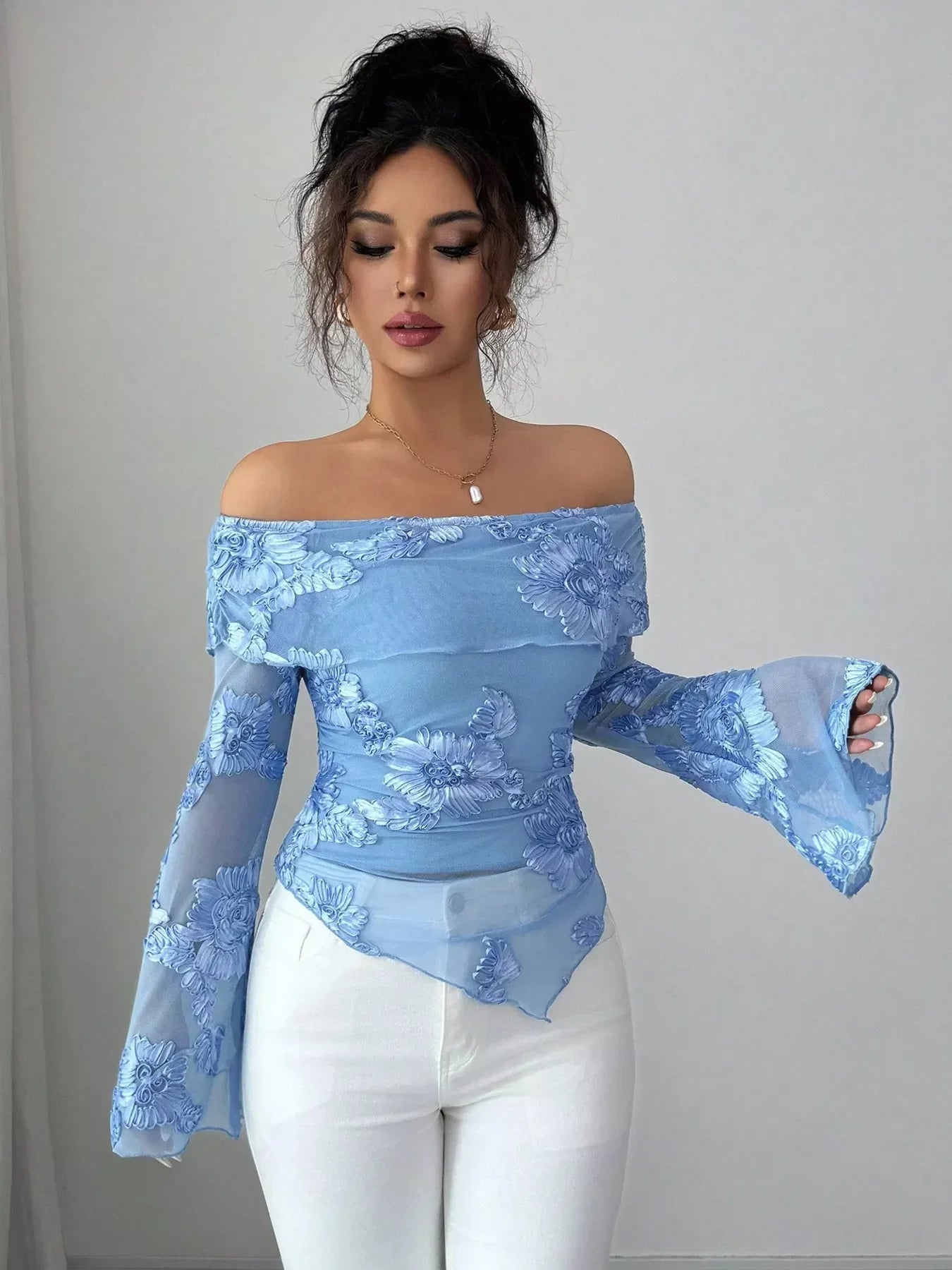 Floral Off-Shoulder Mesh Blouse