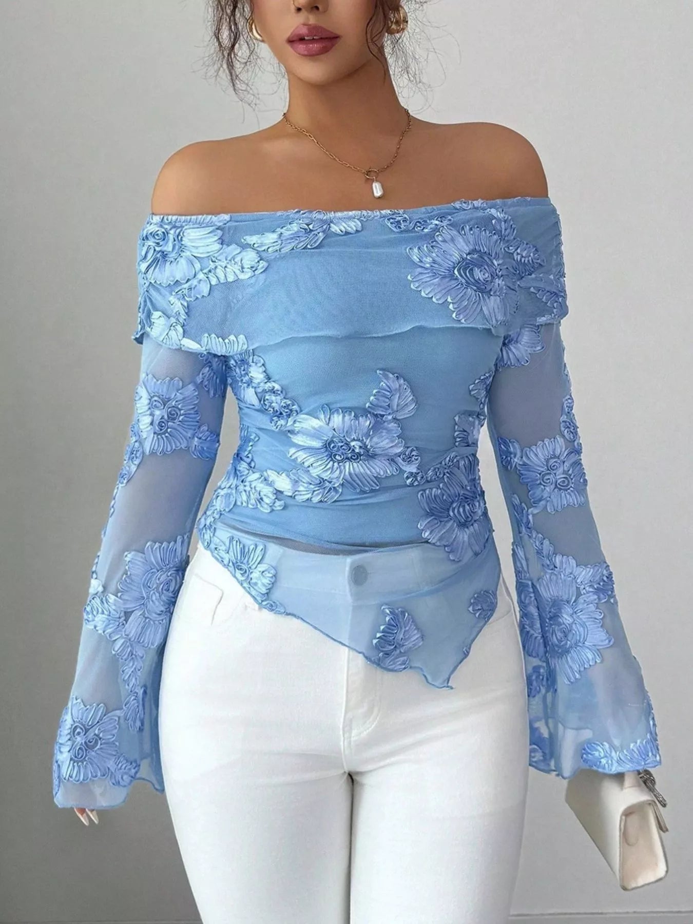 Floral Off-Shoulder Mesh Blouse Sky Blue / S