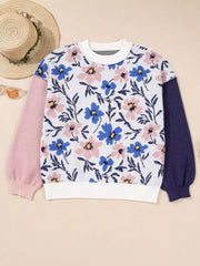 Floral Panel Colorblock Sleeve Patchwork Sweater