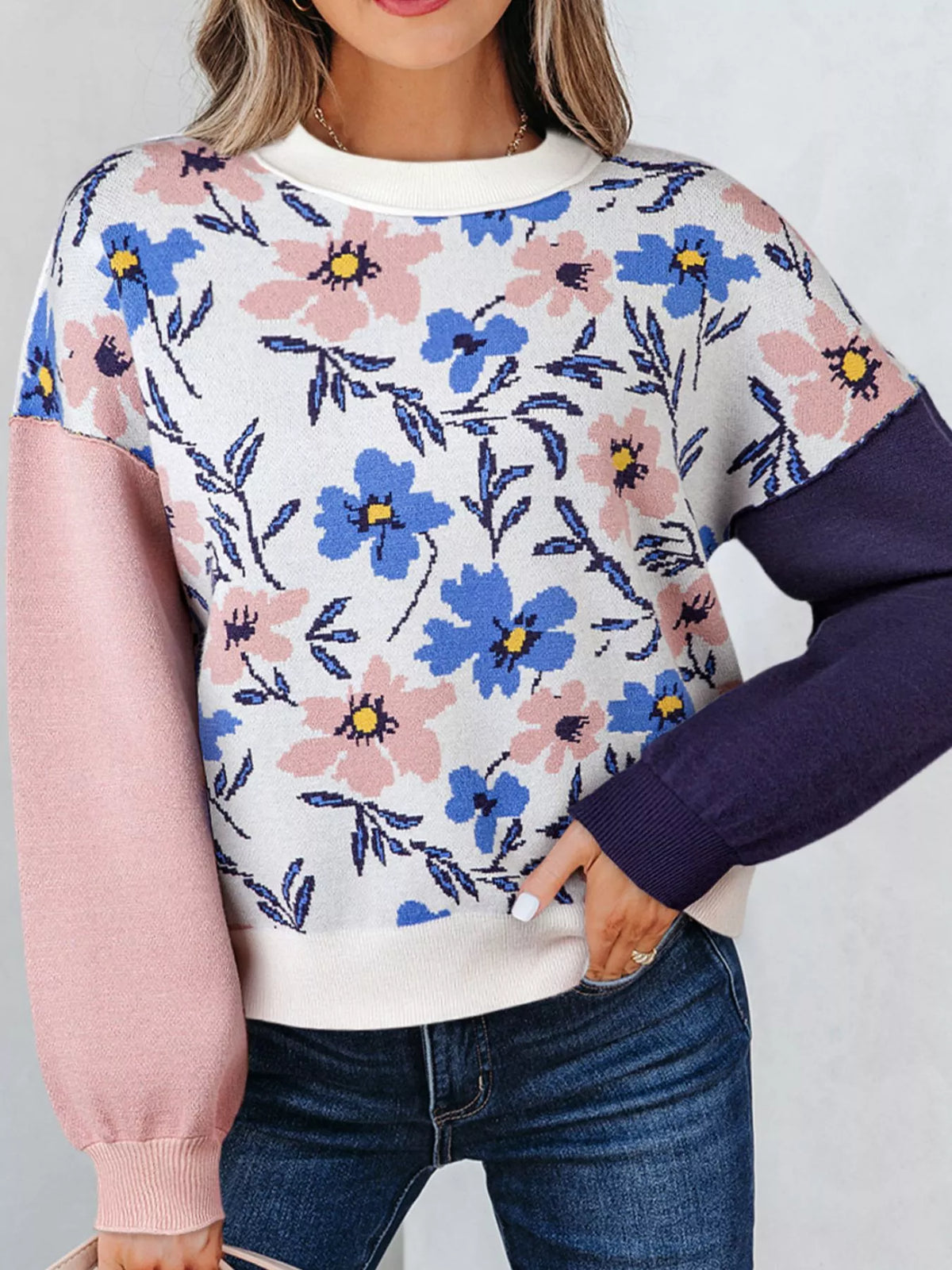 Floral Panel Colorblock Sleeve Patchwork Sweater Floral / S