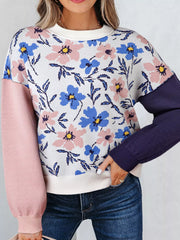 Floral Panel Colorblock Sleeve Patchwork Sweater Floral / S