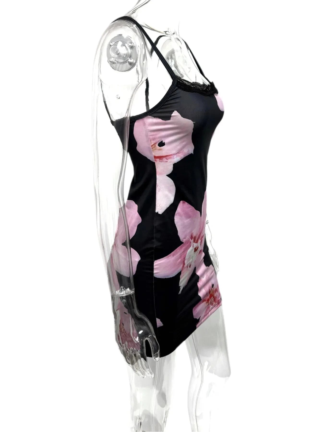 Floral Print Bodycon Cami Dress with Lace Trim