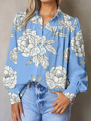 Floral Print Button Up Pleated Detail Puff Sleeve Shirt Sky Blue / S