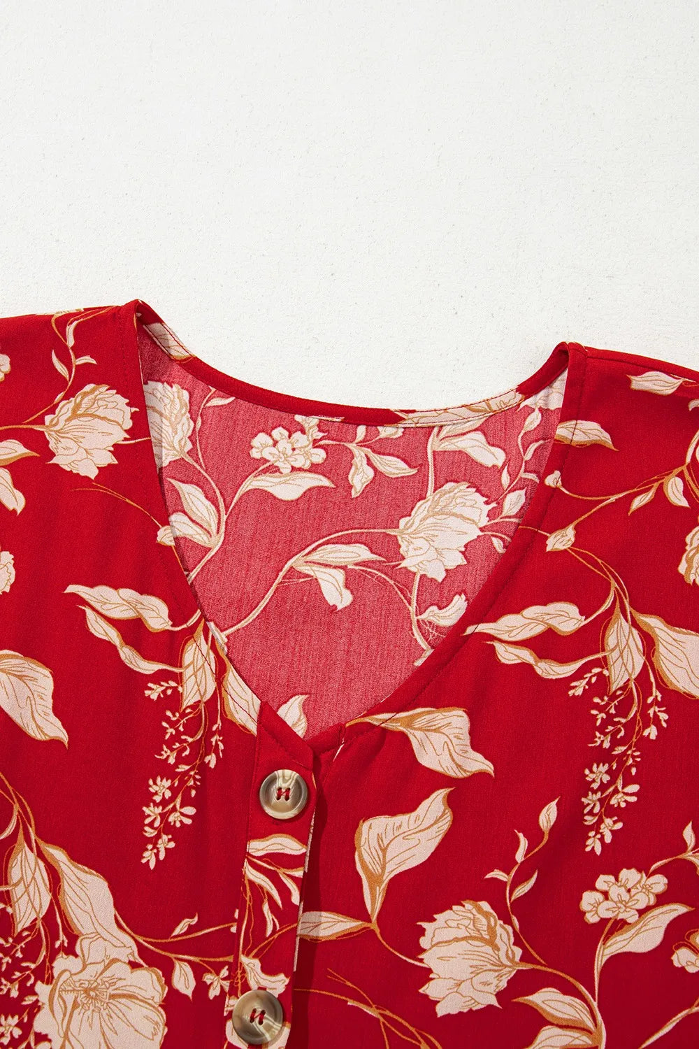 Floral Print Buttoned Front V Neck Tiered Short Sleeve Midi Dress