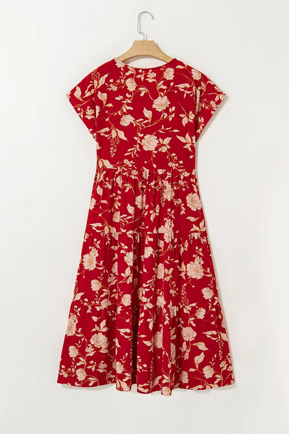 Floral Print Buttoned Front V Neck Tiered Short Sleeve Midi Dress