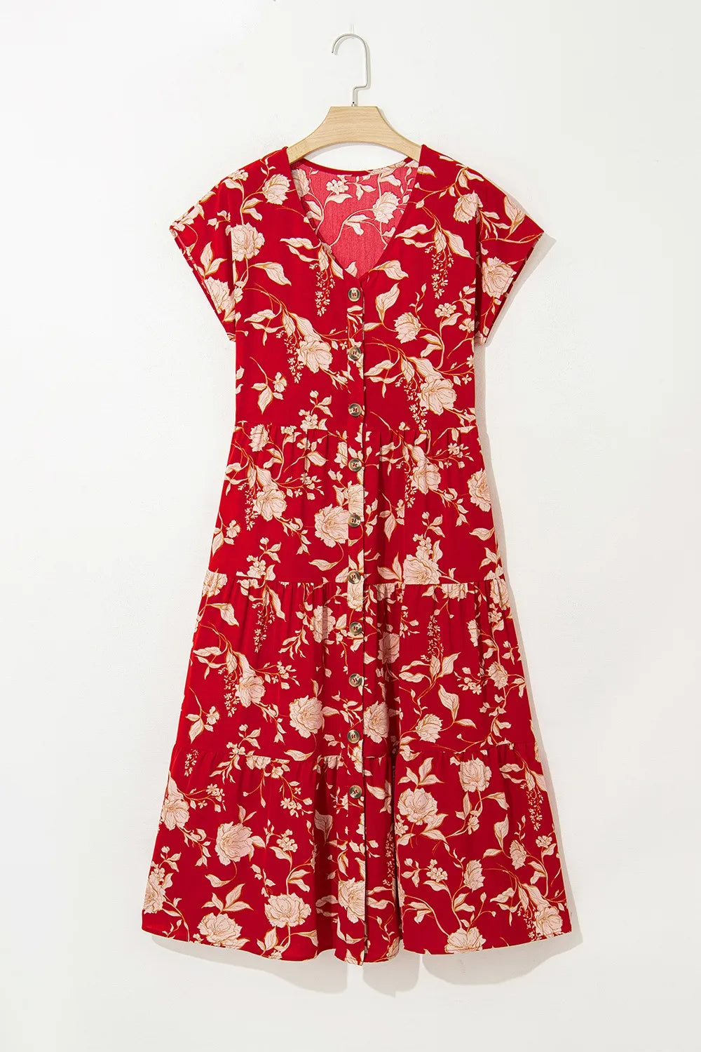 Floral Print Buttoned Front V Neck Tiered Short Sleeve Midi Dress