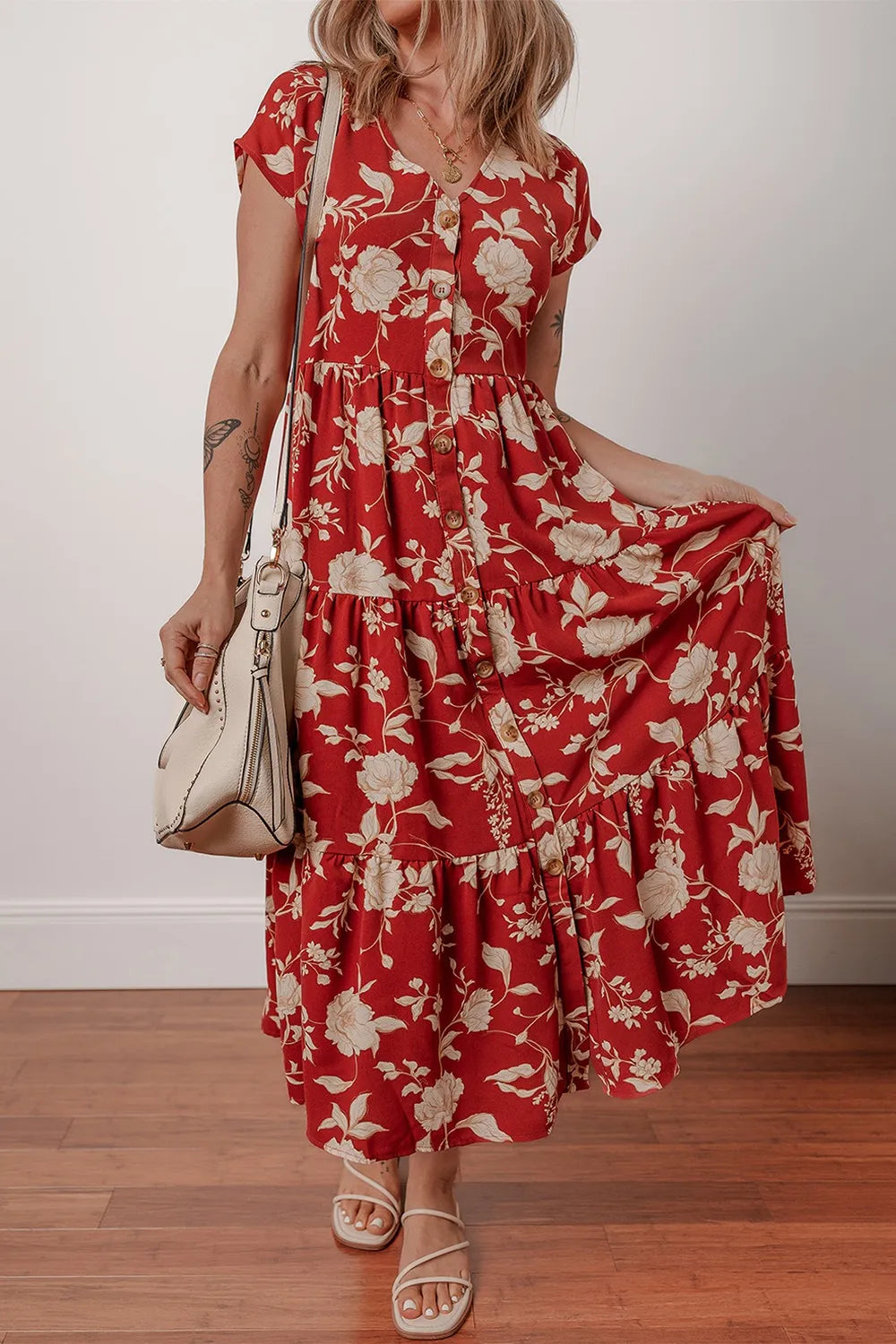 Floral Print Buttoned Front V Neck Tiered Short Sleeve Midi Dress