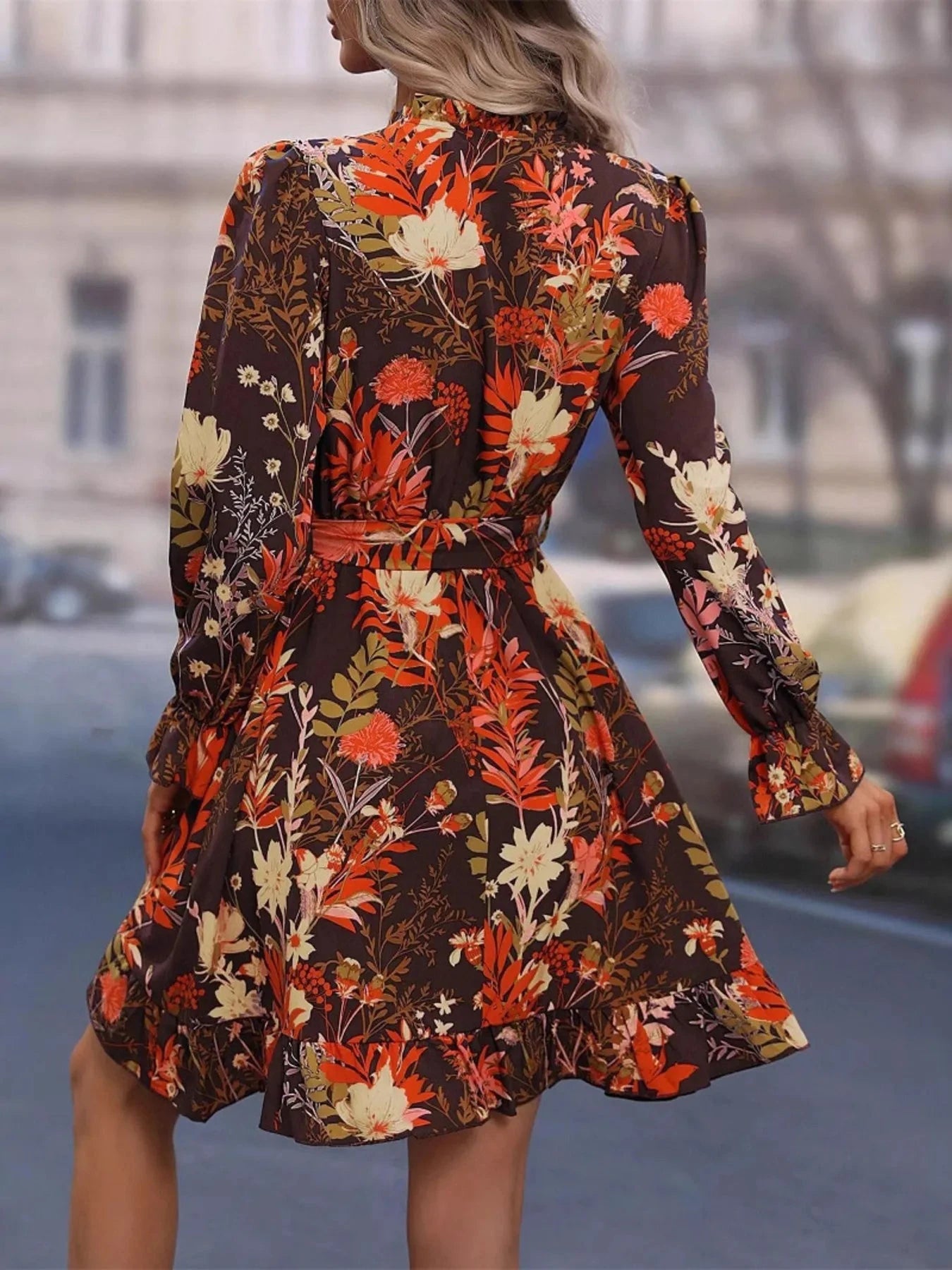 Floral Print Flounce Sleeve Dress