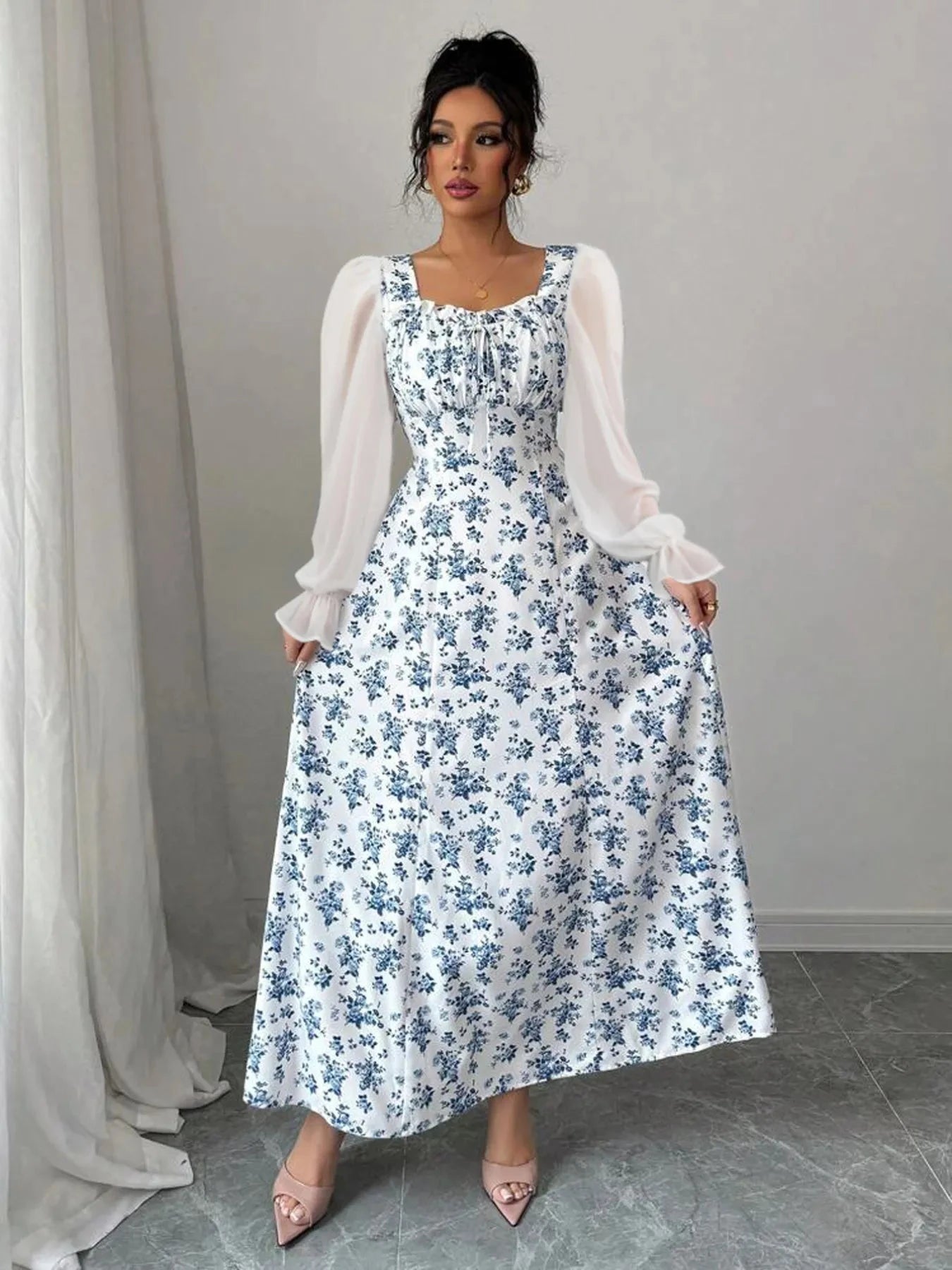 Floral Print Flounce Sleeve Maxi Dress