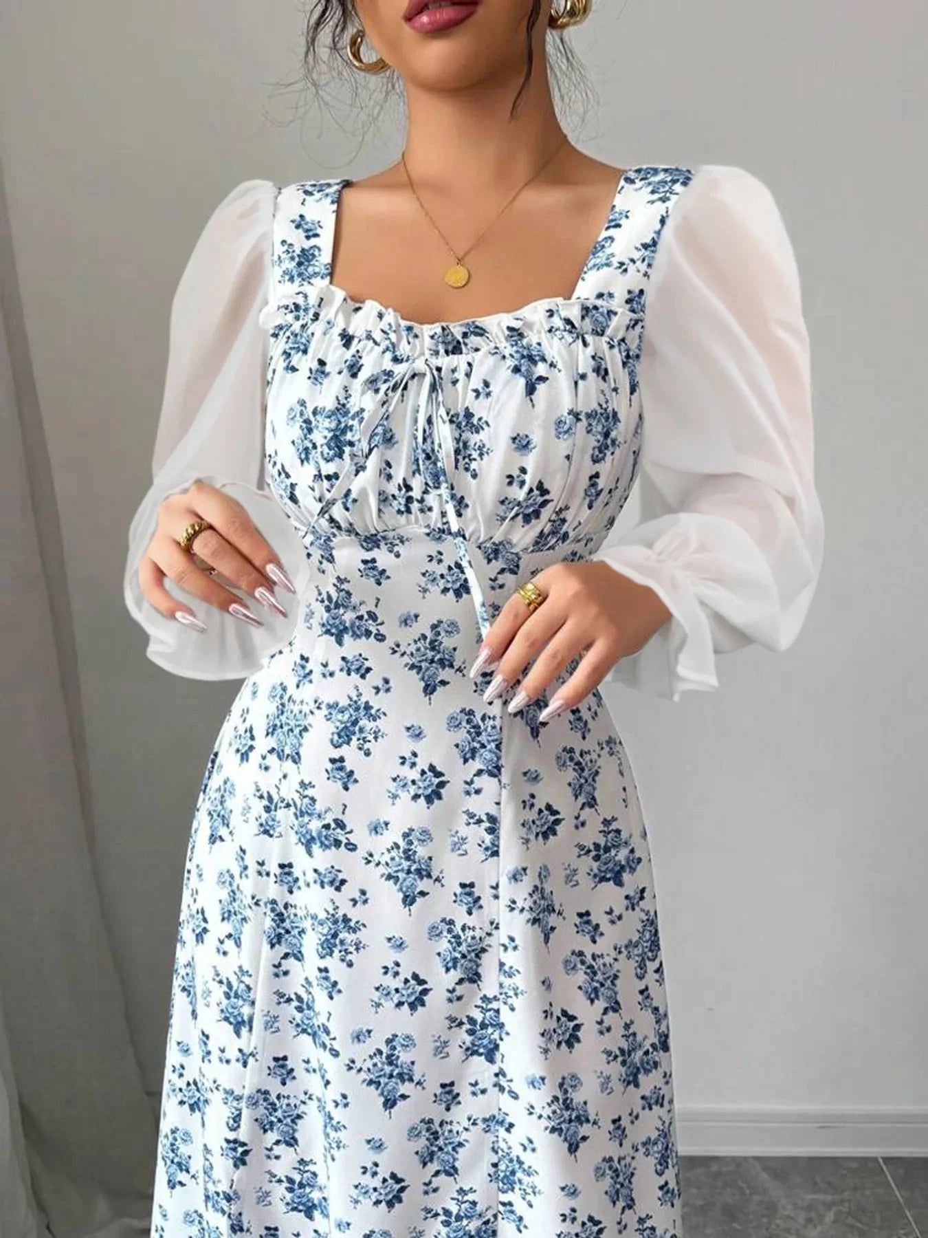 Floral Print Flounce Sleeve Maxi Dress