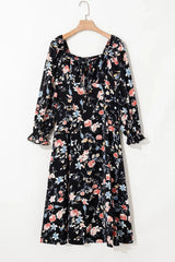 Floral Print Flounce Sleeve Midi Dress