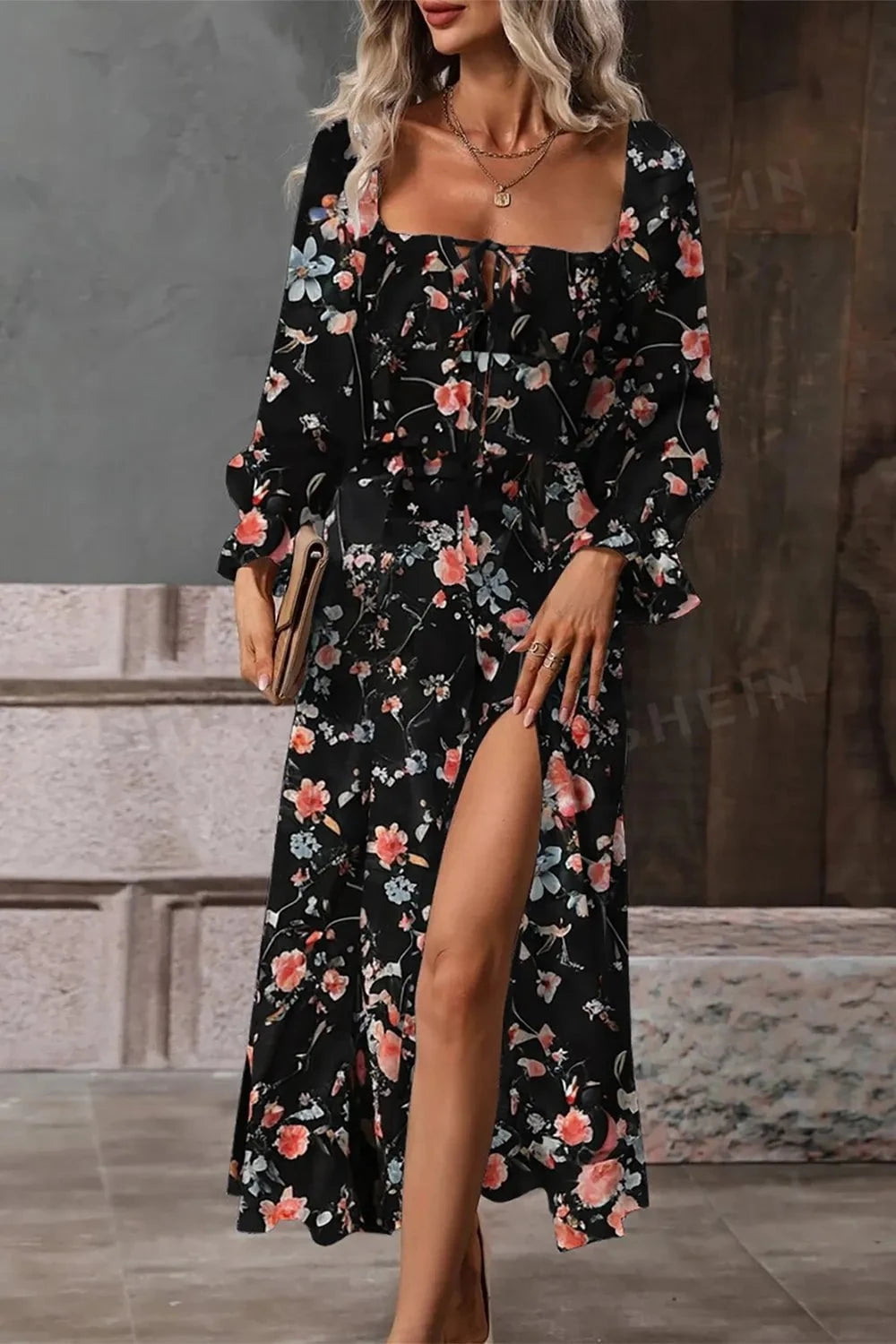 Floral Print Flounce Sleeve Midi Dress Black / S