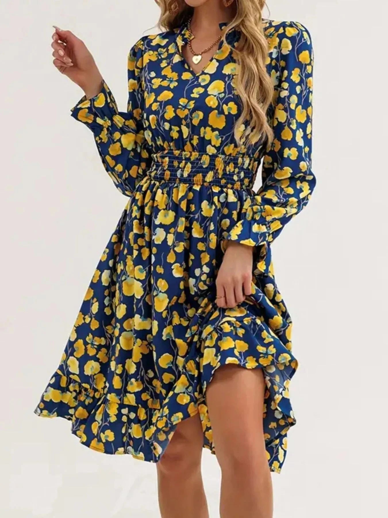 Floral Print Flounce Sleeve Ruffle Hem Dress