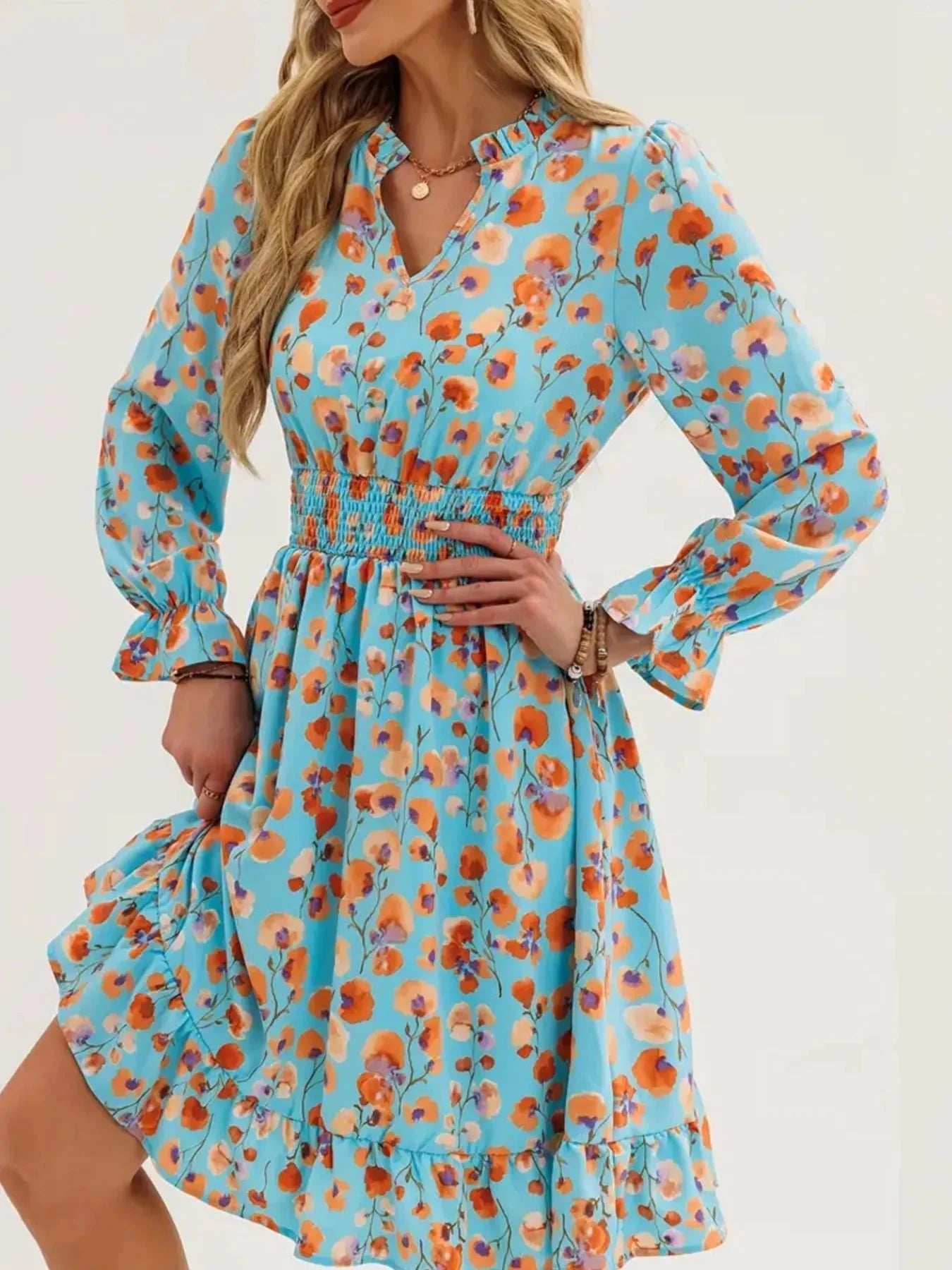 Floral Print Flounce Sleeve Ruffle Hem Dress