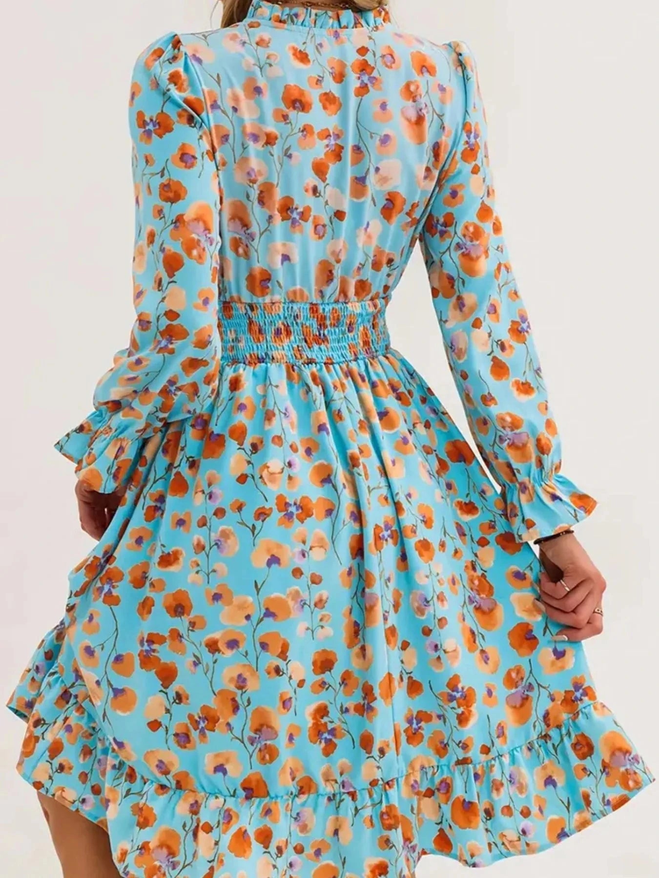 Floral Print Flounce Sleeve Ruffle Hem Dress