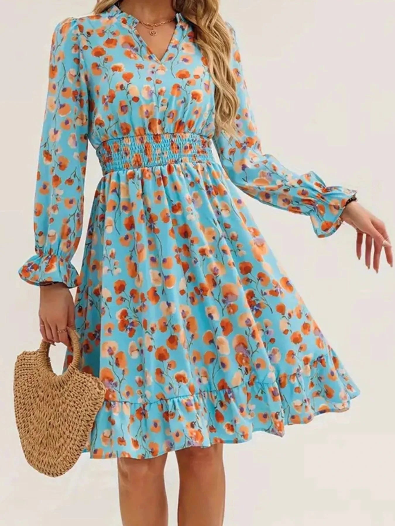 Floral Print Flounce Sleeve Ruffle Hem Dress