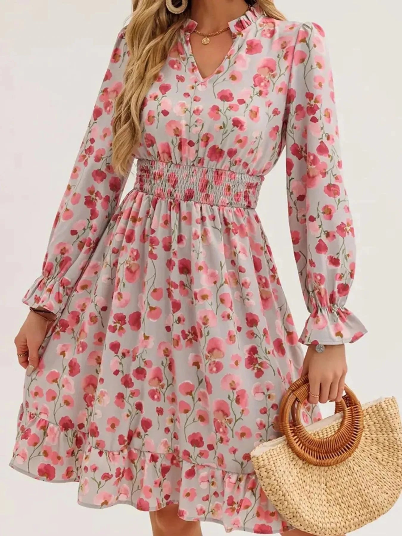 Floral Print Flounce Sleeve Ruffle Hem Dress