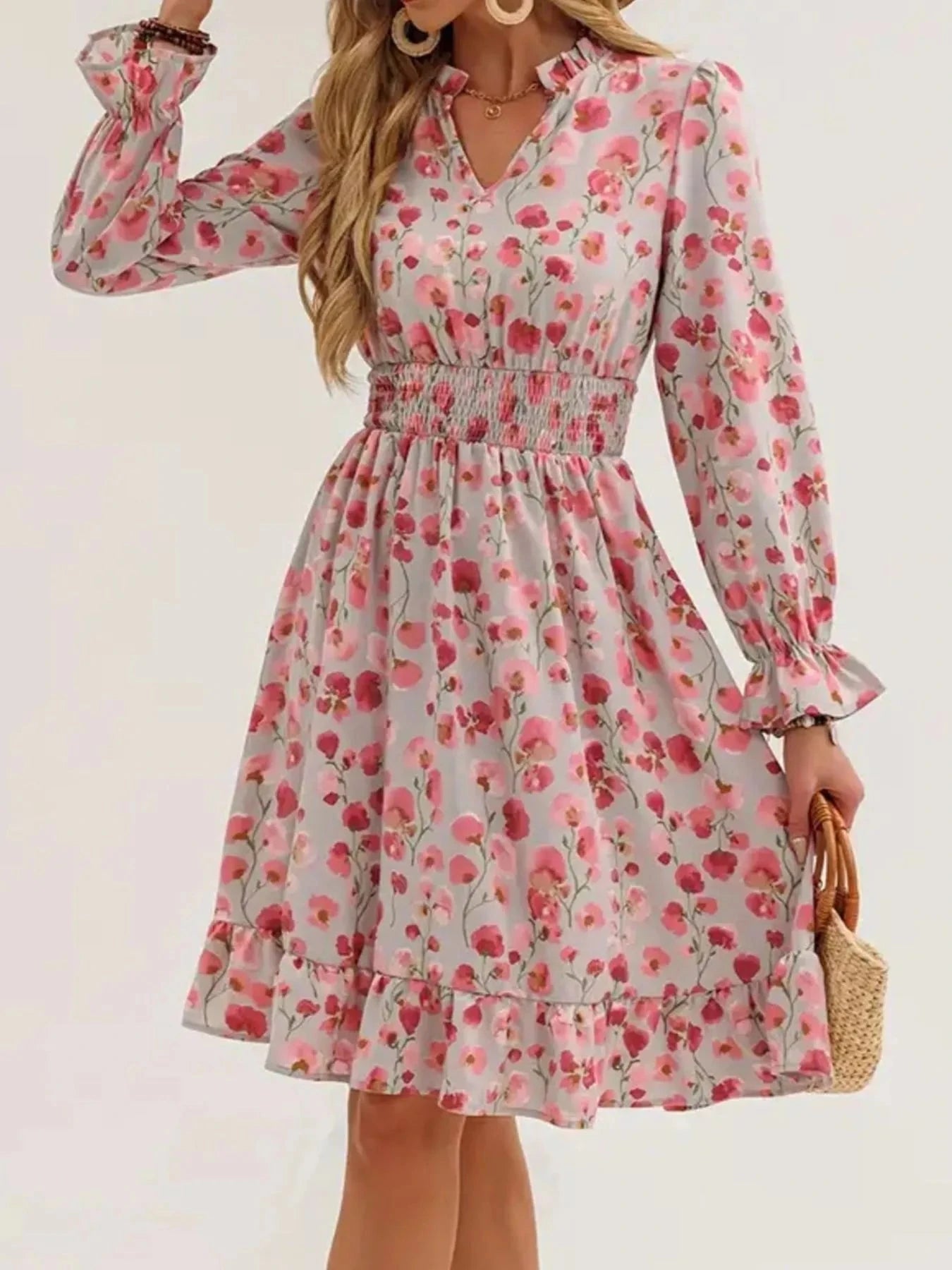 Floral Print Flounce Sleeve Ruffle Hem Dress